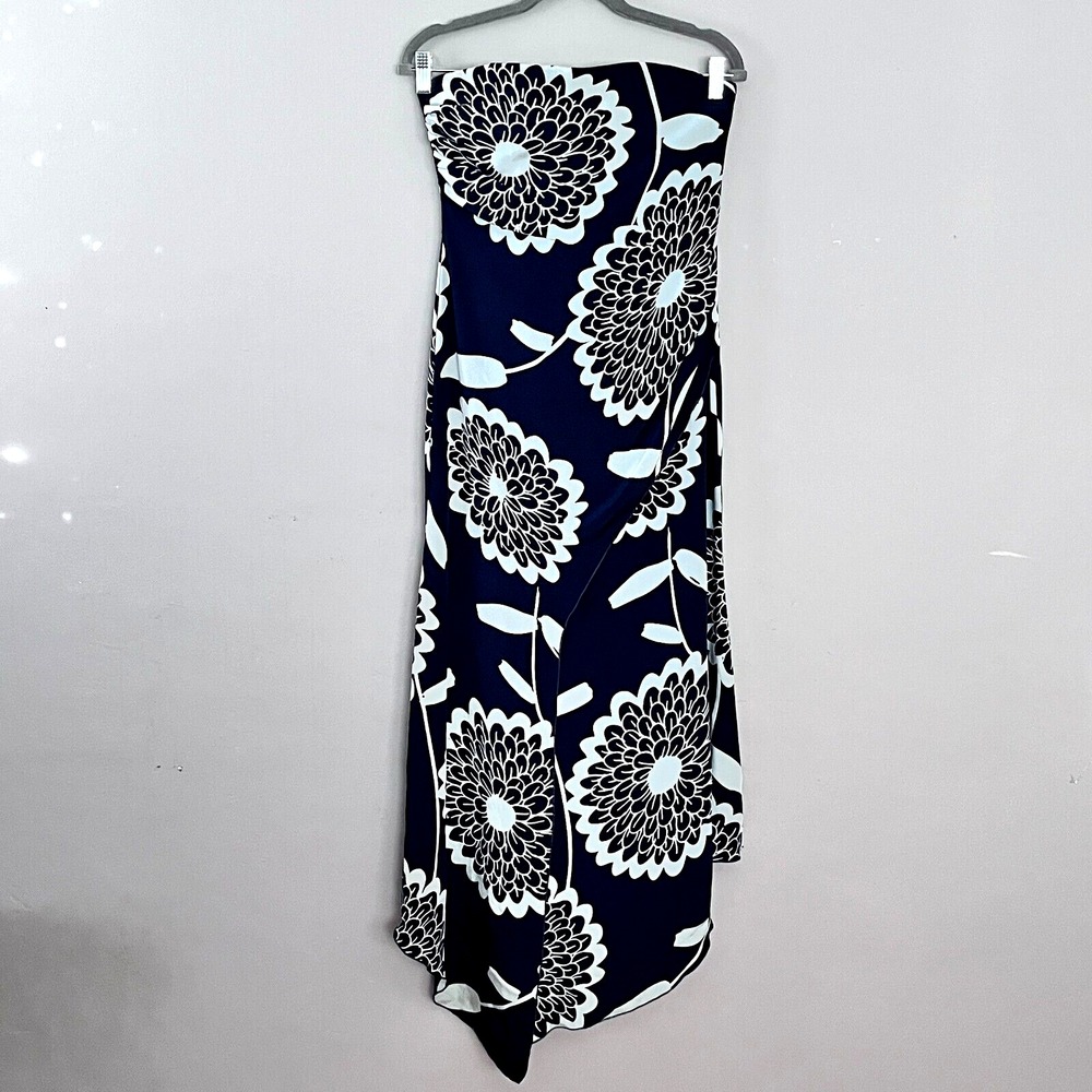 Vtg. Randolph Duke Dress Silk Strapless Maxi Faux Wrap Navy Floral XS Asymmetric